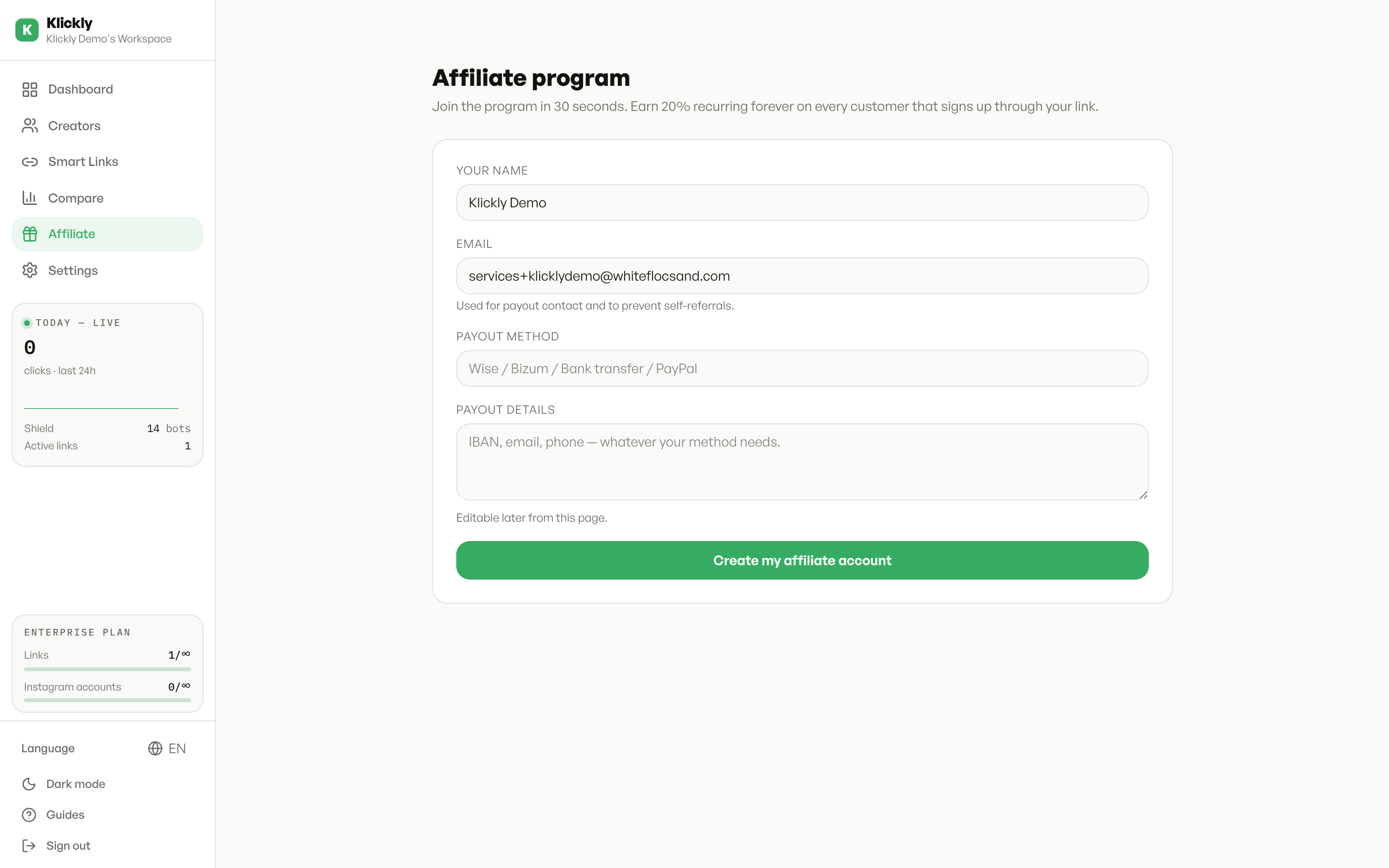 The affiliate program sign-up form with fields for name, email and payout method.