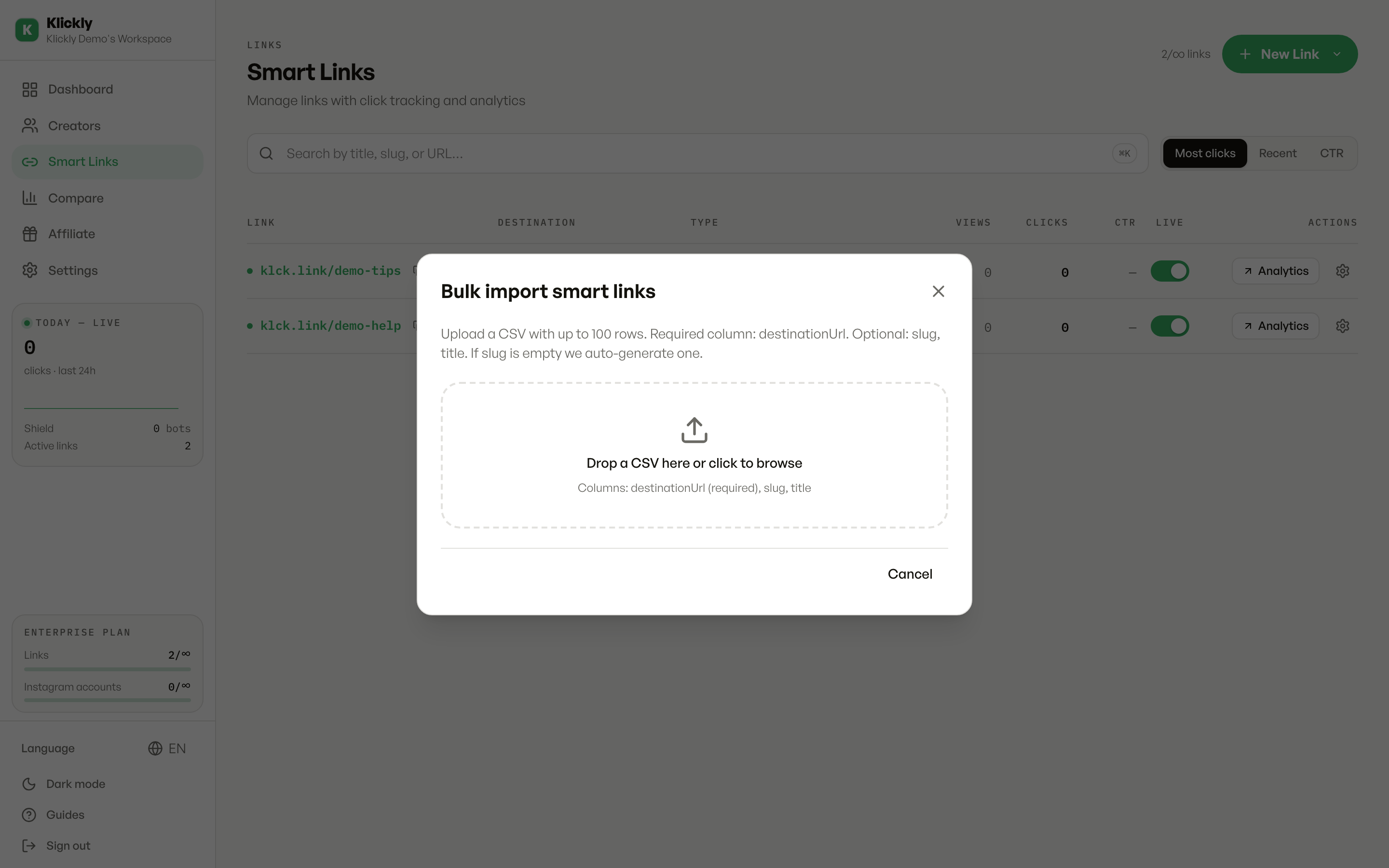 The Bulk import smart links window with a drop zone for a CSV file, listing the accepted columns: destinationUrl (required), slug, title.